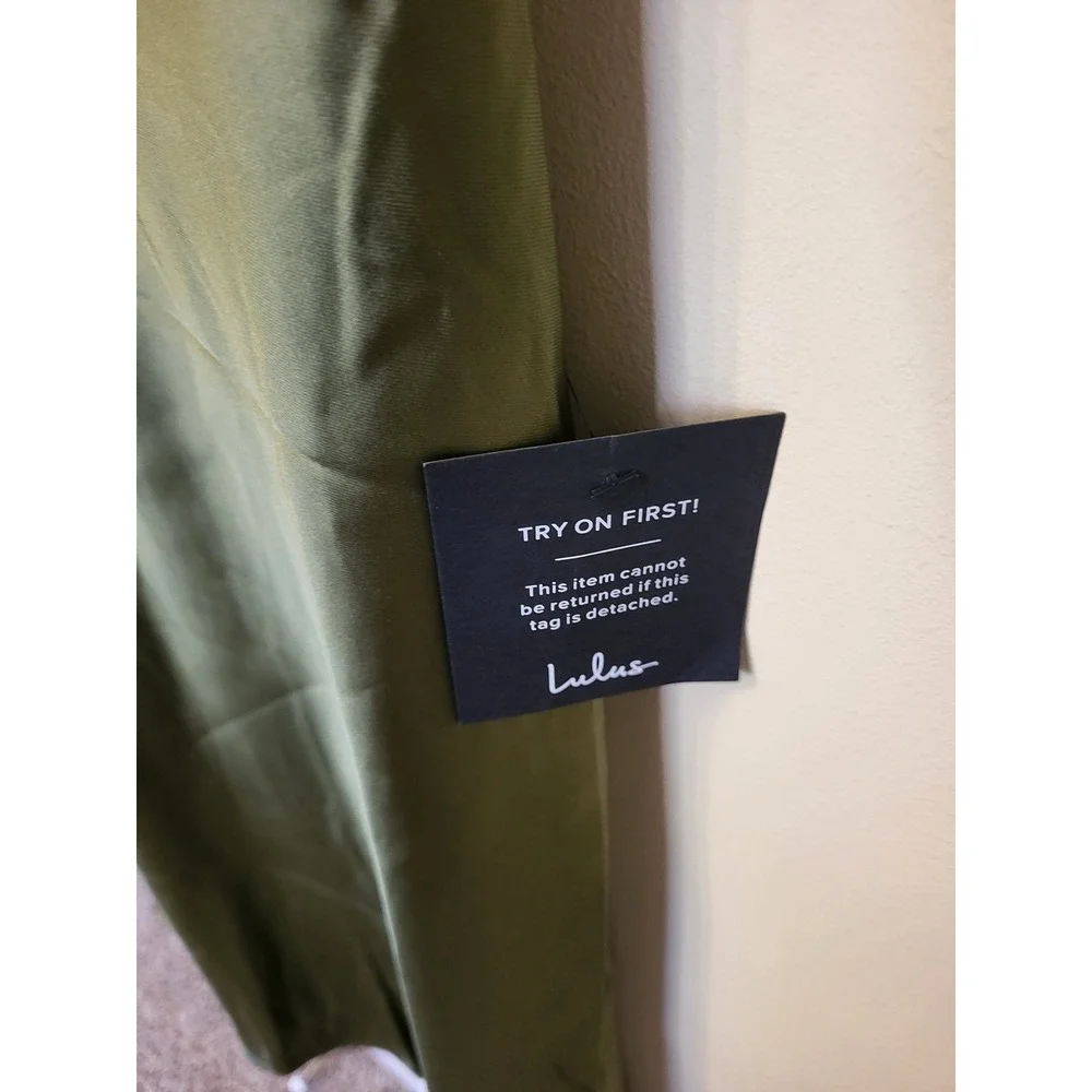 Lulus Olive Green Satin Cutout V-Neck Midi Dress NWT Size Small - Picture 4 of 7